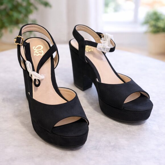 Open Toe Platform Heels | NEW | Royal Blue, Cream & Black | Chunky Heel - Picture 8 of 10